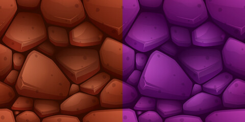 A background of stones of different shapes and sizes in shades of purple and brown. Smooth, shiny surface with light reflection. Stock vector illustration.