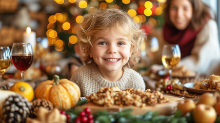 Fototapeta na wymiar happy child with bright eyes and a big smile sits at a festive table, surrounded by family, food, and holiday decorations, feeling the joy of the season