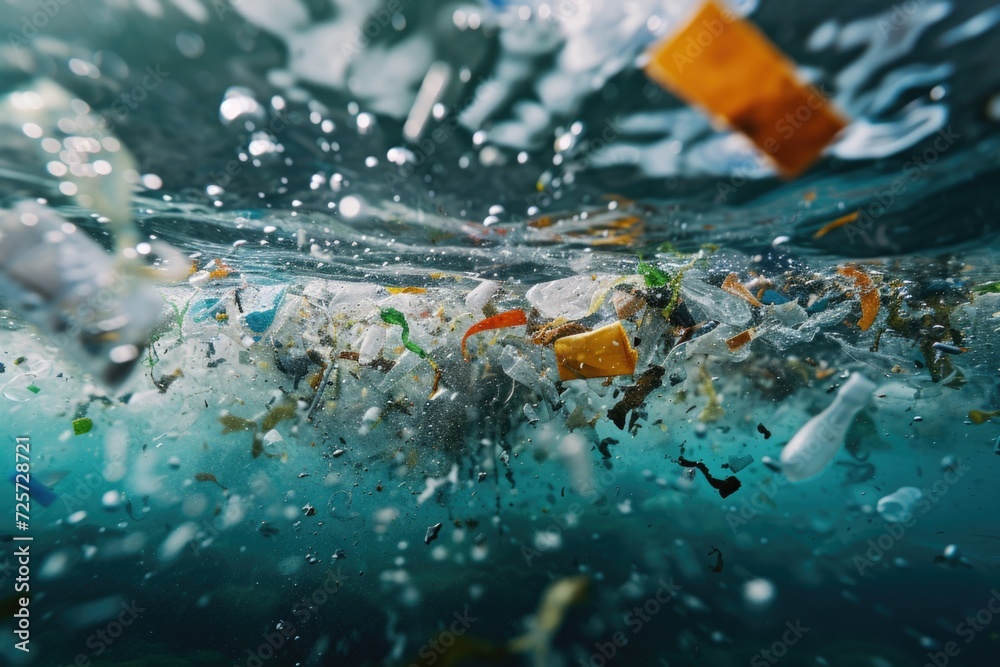 Aufkleber Trash floating in the ocean, highlighting the issue of marine pollution. This image can be used to raise awareness about environmental concerns and the need for proper waste management
