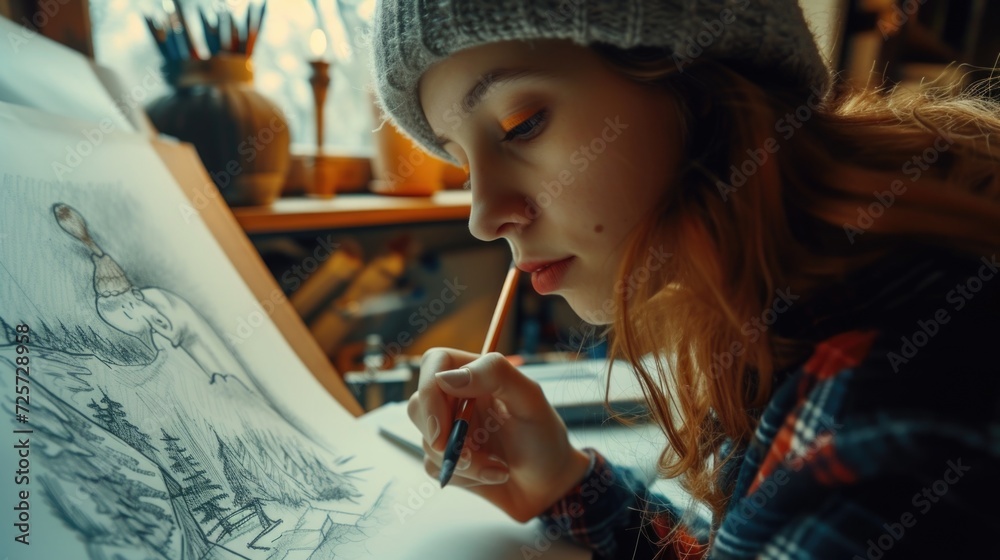 Poster a girl is using a pencil to create a drawing. suitable for educational or creative projects