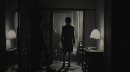 Silhouette of a woman facing a window in a dark room, with a mysterious man lurking, evoking suspense.