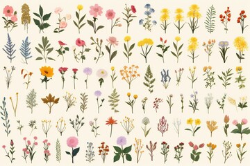 Hand drawn floral seamless pattern with wildflowers, leaves and branches - obrazy, fototapety, plakaty