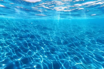 Underwater view of blue sea water surface with sun reflections and waves - obrazy, fototapety, plakaty