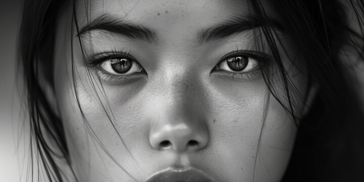 A black and white photo capturing the beauty and essence of a woman's face. This image can be used in various projects and designs