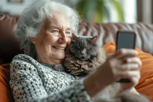 Smiling senior woman taking selfie photo with cat on smartphone at home.