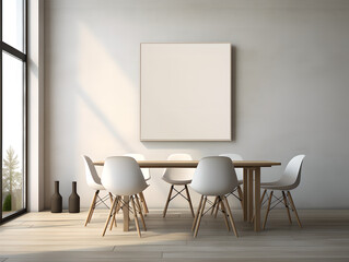 Mid-century style interior design of modern dining room with a wooden table and chairs against white beige wall , with empty  frame in wall ,vase ,wooden floor