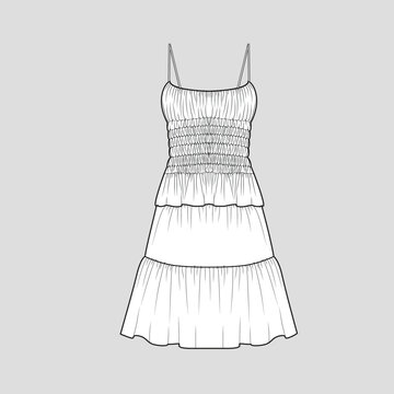 recommend clip art: Smocked Gathering Strap Fashion Dress smocking detail fashion sleeveless dresses clothing flat sketch technical drawing template design vector