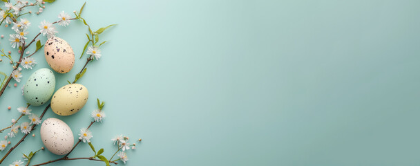 Easter minimalistic background with colorful eggs and flowers. Banner with space for text.