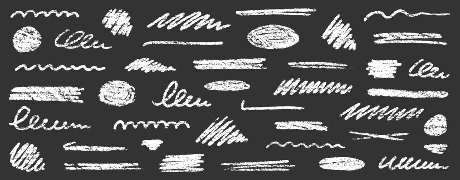 Chalk brush underline stroke set. Crayon marker highlight scribble stroke. Vector hand drawn brush underline element set for accent, crayon texture emphasis element. Rough chalk vector illustration