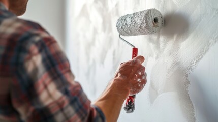 Man painting a wall with a paint roller. Suitable for home improvement or renovation projects