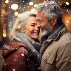 Winter Warmth: Pretty Mature Couple Embracing in Cozy Sweaters on the Snow