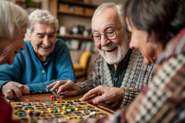 A senior man with a white beard and glasses joyfully plays a board game with elderly companions in a bright, homely living room, exuding warmth and happiness.