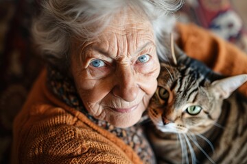 A close-up portrait of an elderly woman with striking blue eyes and a wise expression, sharing a tender moment with a tabby cat in a warm, indoor environment. - Powered by Adobe