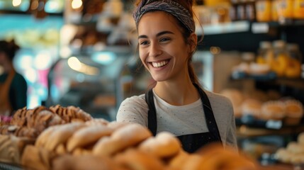 A smiling woman standing in front of a display of doughnuts. Perfect for bakery promotions and food-related advertisements - obrazy, fototapety, plakaty