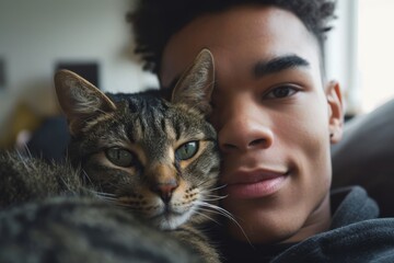 Teenage Boy Enjoying a Quiet Moment with His Tabby Cat at Home