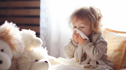 Sick little boy who has the flu blows her nose into a tissue sitting in the bed at home - obrazy, fototapety, plakaty