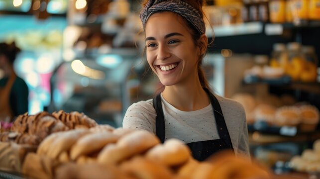 A smiling woman standing in front of a display of doughnuts. Perfect for bakery promotions and food-related advertisements