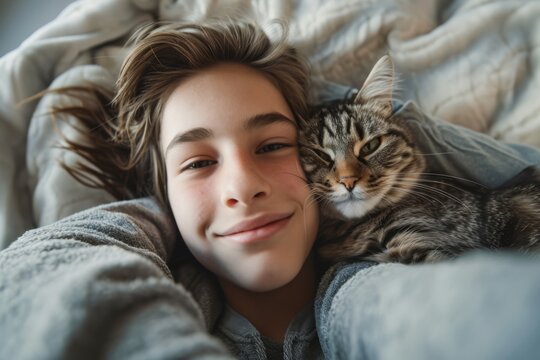 Cheerful Teenager Sharing a Relaxing Moment with Striped Cat