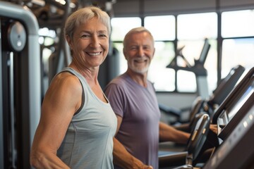 Fototapeta na wymiar Smiling Elderly Couple Staying Fit Together on Treadmills