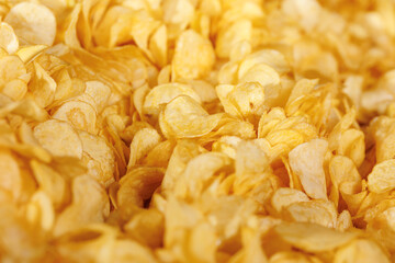 Banner Fresh Crispy potato chips snack texture background, top view