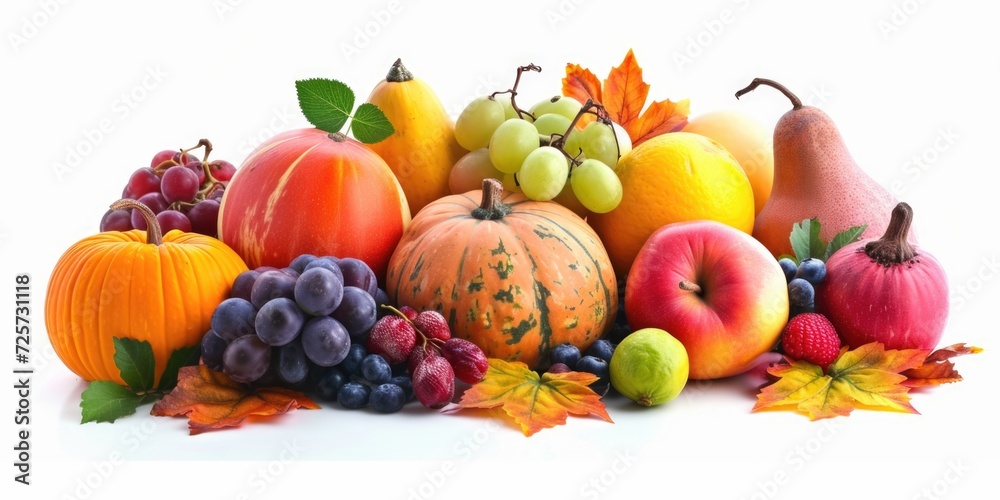 Poster assorted fruits and vegetables neatly arranged on a white surface. perfect for healthy eating concep