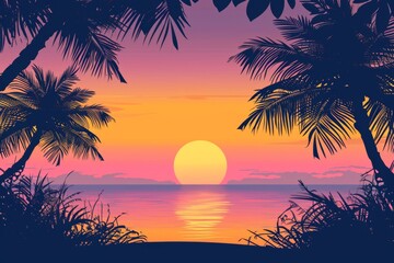 Fototapeta na wymiar Tropical Beach Sunset with Silhouettes of Palm Trees