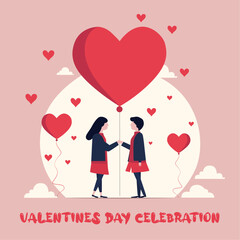 couple with hearts, Valentine's day flat illustration, happy couple love, Flat background for valentines day celebration