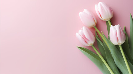 Kwiatowe różowe minimalistyczne tło na życzenia z okazji Dnia Kobiet, Dnia Matki, Dnia Babci, Urodzin czy pierwszego dnia wiosny. Szablon na baner lub mockup z ściętymi tulipanami - obrazy, fototapety, plakaty