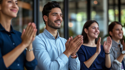 Group of people applauding in a business or formal setting.