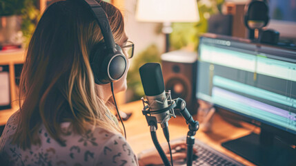 Female Podcaster Recording Audio in Home Studio.A woman with headphones speaks into a microphone, recording a podcast in a cozy home studio setup with audio editing software on screen.