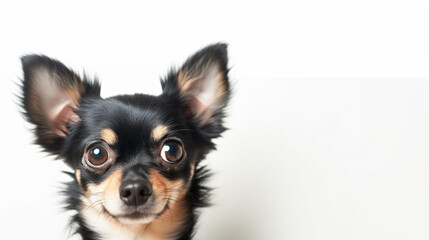 Chihuahua peeking into the frame on a white background