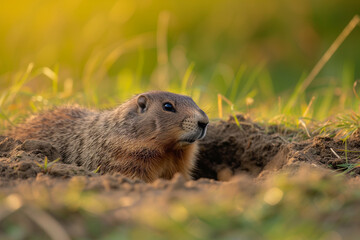 Naklejka na ściany i meble Sunset View of Groundhog Emerging from Burrow - Groundhog Day's Herald of Spring in Golden Evening Light