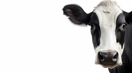 Cow peeking into the frame from the right on a white background
