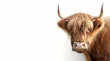highland cow peeking into the frame from the right on a white background