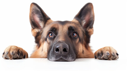 Obraz premium German Shepherd peeking into the frame on a white background