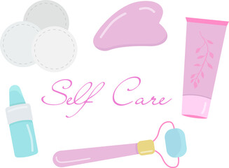 Love yourself. Facial skin care set. Roller, gouache, cotton pad, serum and face cream. The concept of skin care and love for your body. Vector illustration.