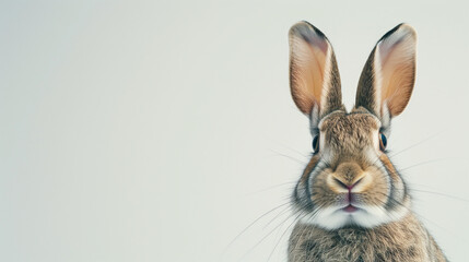 Rabbit peeking into the frame from the right on a white background