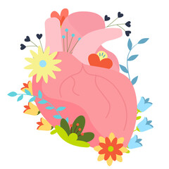 The organ of the heart is covered with flowers. A symbol of absolute happiness. Element for templates of postcards, designs, etc. International Women's Day, Mother's Day, Mother's Day, Valentine's Day
