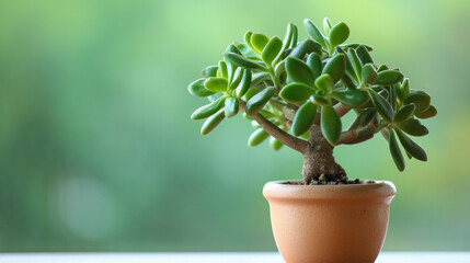 Stylish money tree. Crassula ovata. Bonsai style. Indoor plant