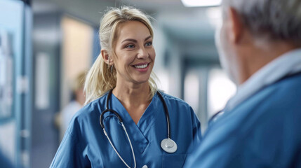 female healthcare professional, likely a nurse, smiling and engaging with an older male patient