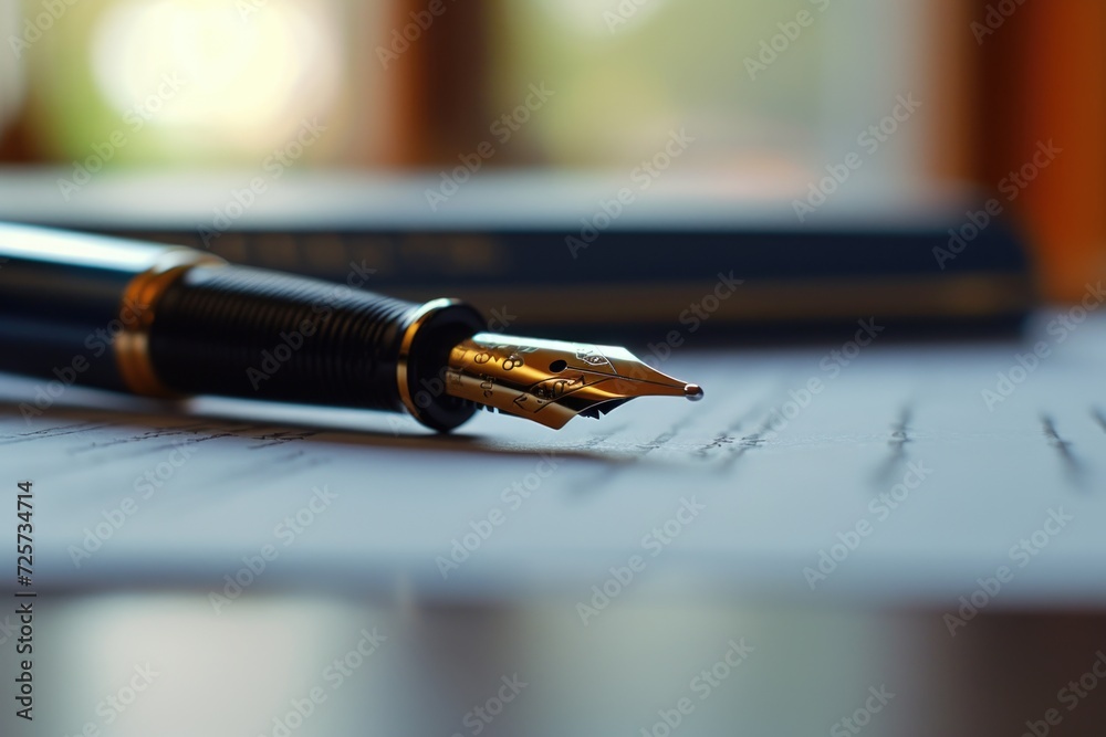 Poster A fountain pen resting on a piece of paper. Versatile image for use in various contexts