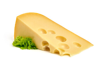 Maasdam cheese block, isolated on white background. High resolution image.
