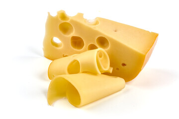 Maasdam cheese block, isolated on white background. High resolution image.