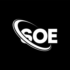 SOE logo. SOE letter. SOE letter logo design. Initials SOE logo linked with circle and uppercase monogram logo. SOE typography for technology, business and real estate brand.