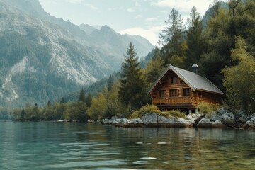 Fototapeta na wymiar A cabin sitting on the shore of a serene mountain lake. Ideal for nature and travel related designs