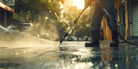 A person uses a hose to clean a street. Ideal for illustrating street maintenance and cleaning tasks - obrazy, fototapety, plakaty