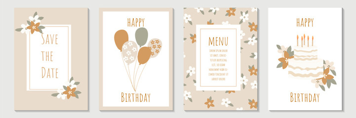 Set of lovely birthday cards design with cake, balloons and typography design in beige. Abstract universal artistic templates. For poster, business card, invitation, flyer, banner, email header