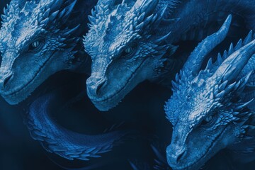 Close up view of three intricately designed blue dragon heads. Perfect for fantasy or mythology-themed projects