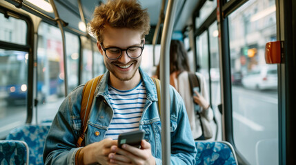 young man with glasses and curly hair is smiling while looking at his smartphone on a public bus, with blurred city lights and other passengers in the background - obrazy, fototapety, plakaty
