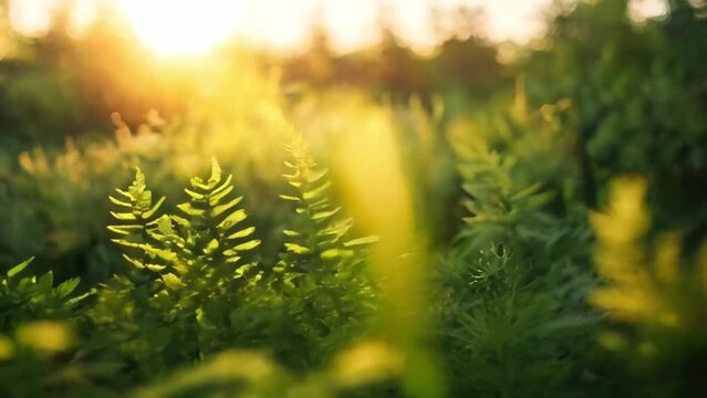 Fern in sun. Summer meadow with wild fern., sunset. Summer green flora background